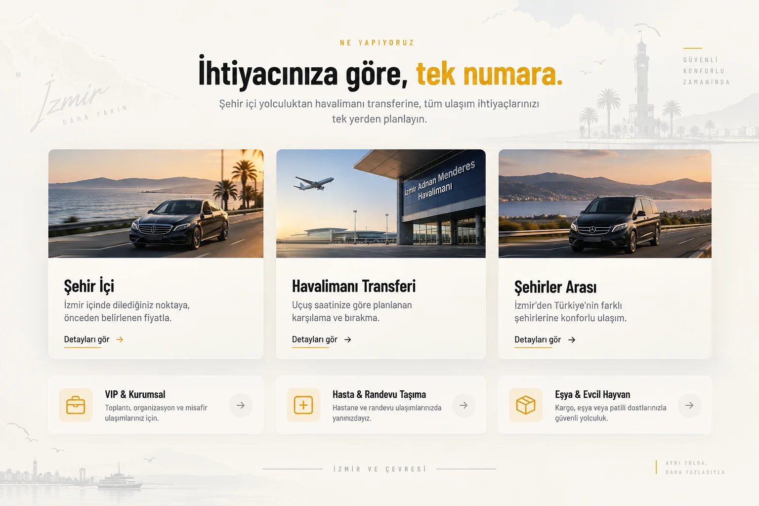 DRIVE GO hizmetleri: şehir içi taksi, havalimanı transferi, şehirler arası ulaşım, VIP ve kurumsal, hasta ve randevu taşıma, eşya ve evcil hayvan taşıma
